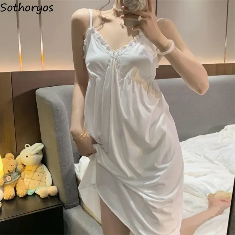 Summer Nightgowns Women Sweet Casual Sleepwear Tender Korean Style Sleeveless Clothes Fashion Home Soft Classic Students Daily