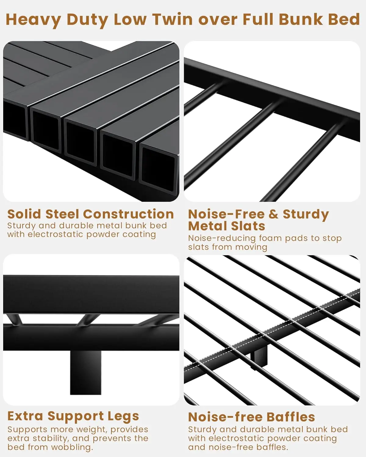 سرير مزدوج بطابقين كامل، إطار معدني شديد التحمل، سلم EVA، درابزين كاملة، أسود