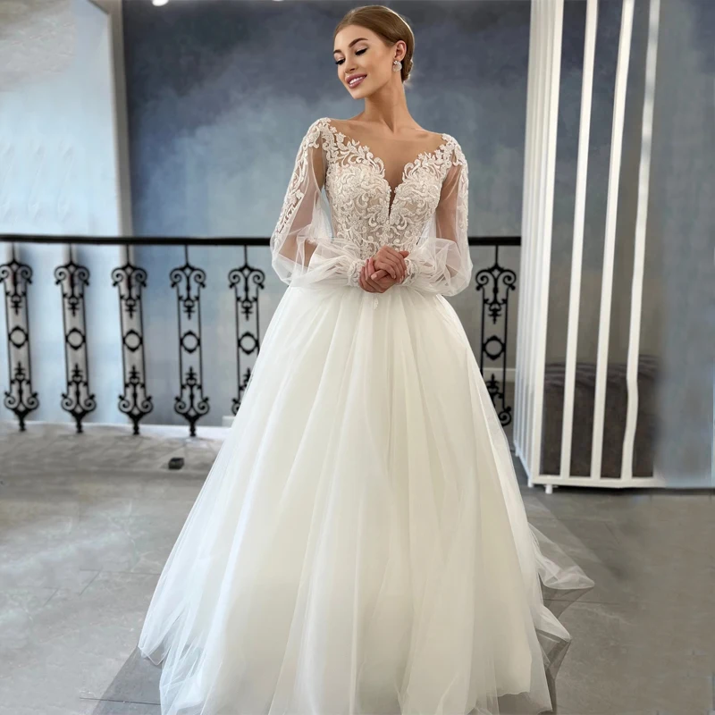 

Long Seleve Appliques Lace Beads Sheer Illusion Scoop Neck A-Line Buttons Tulle Wedding Dress Bridal Gown Vestido De Noiva