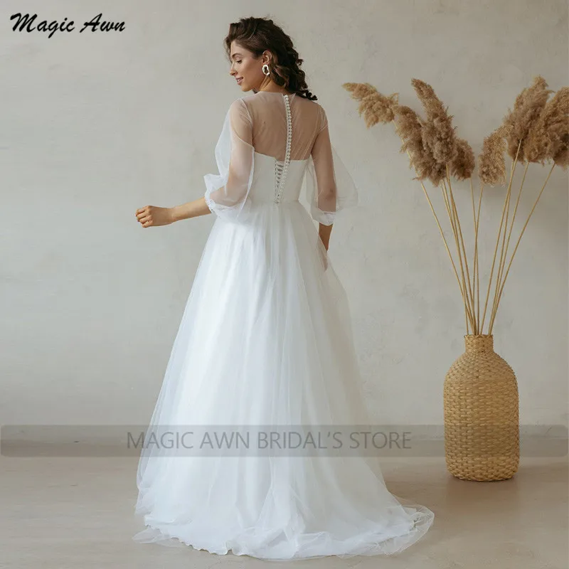 Magic Awn-vestidos De novia sencillos con mangas abullonadas blancas, ropa De boda De tul suave, con perlas y cuentas, 2023