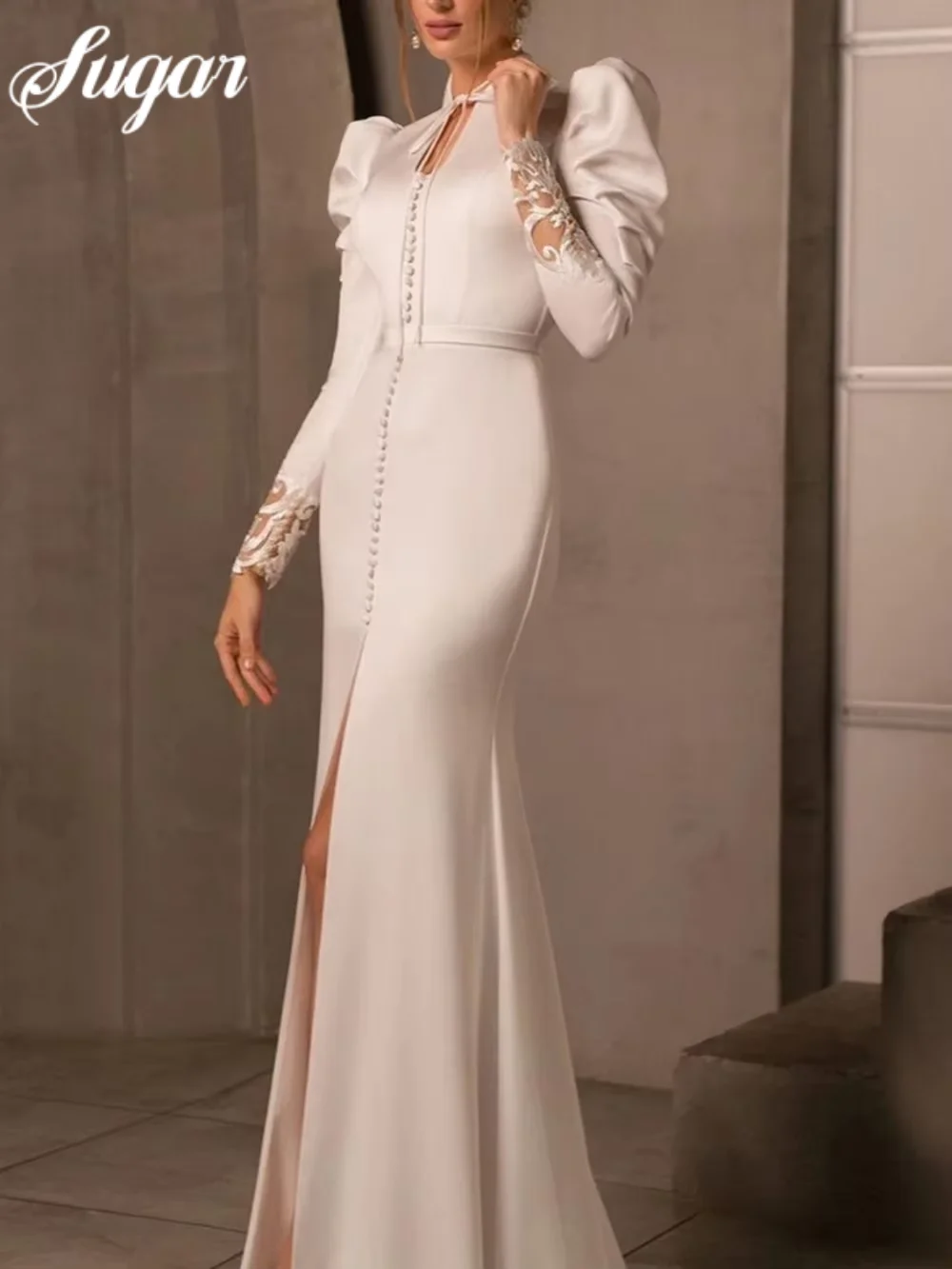 Pretty Wedding Dresses High Neck Mermaid Bridal Gowns Satin Robes For Formal Party Puff Sleeves Vestidos De Novia Customized