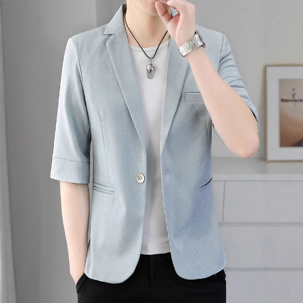 

2025 Мужской летний костюм с коротким рукавом, молодежный тонкий пиджак с тонкими рукавами и средними рукавами