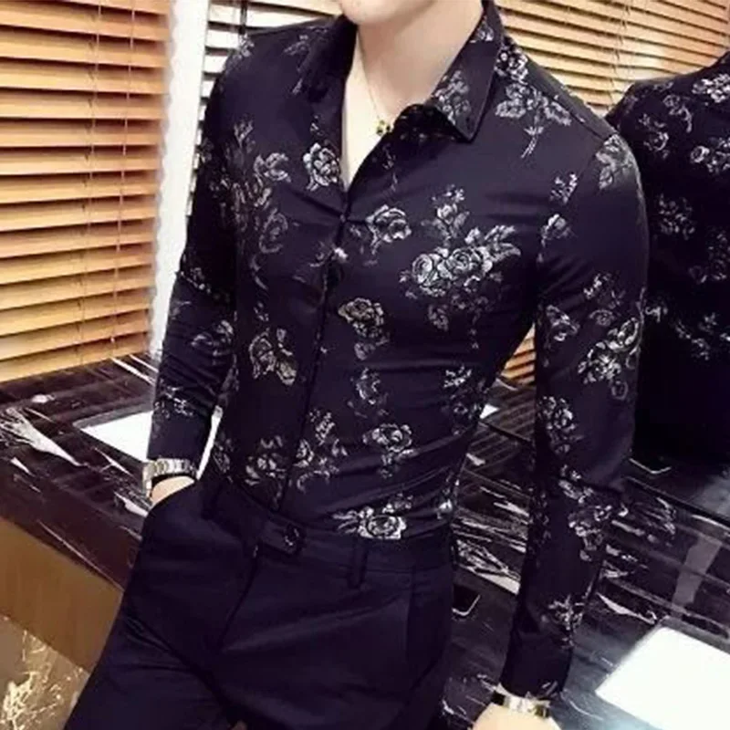 New Summer Korean Style Simplicity Loose Casual Retro Lapel Collar Elegant Fashion Men Shirt Print Button Long Sleeve Chic Tops