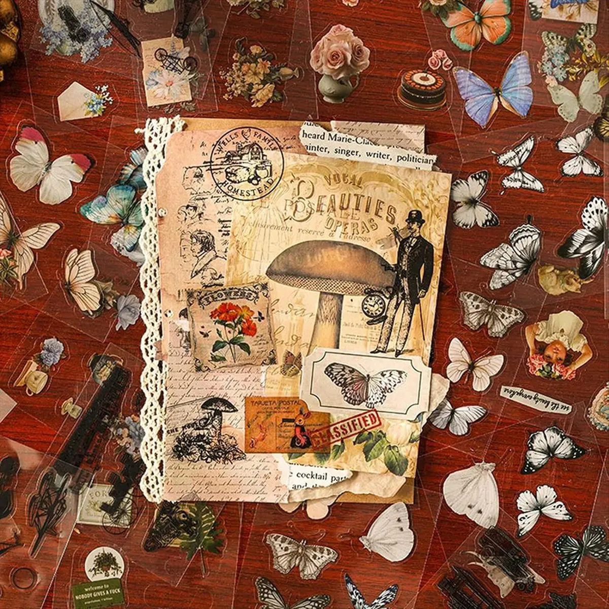 FTGT-100 Sheets Vintage Butterfly Plant Flower Scrapbook Stickers for Junk Journal Supplies,Nostalgia Handbook