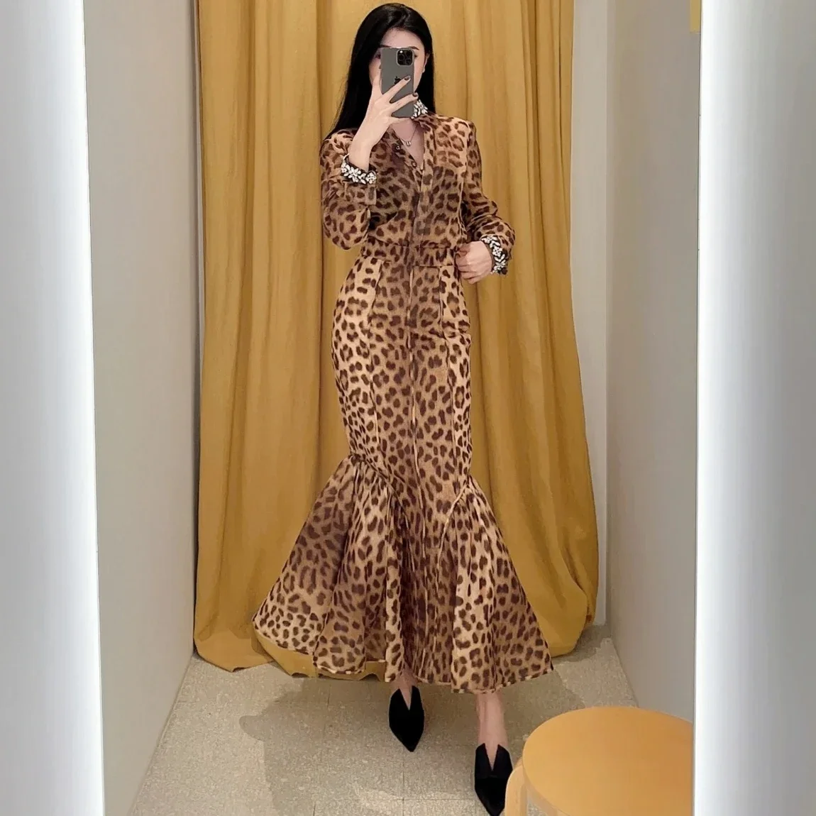 

Highest Quality Version Vintage-Inspired Set Australia Luxury Design Leopard Print High Waist A-line Skirt Suits Silk Linen