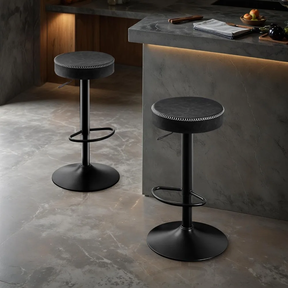 

Set of 2 Black Swivel Bar Stools - Microfiber Leather Counter Height w/ Round Seat"​