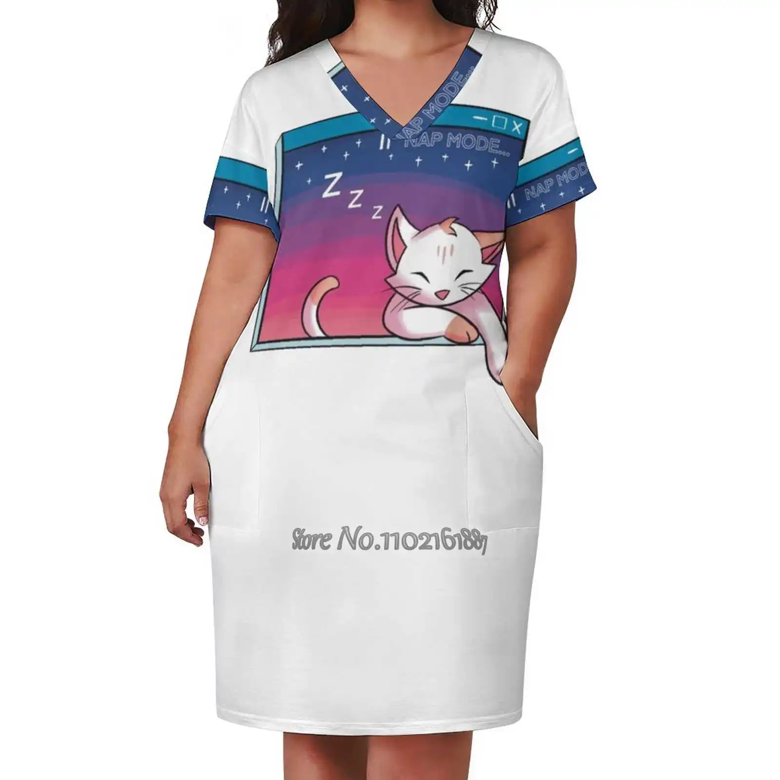 

Vaporwave Kitties V-Neck Short Sleeve Skirt Slim Skirts Loose Elegant Fashion Dress 5Xl Zellatoone Vaporwave Cat Vaporwave