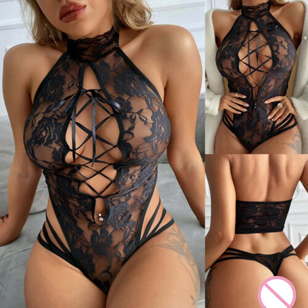 Bodysuit de renda transparente feminino, pijamas de rede, corte alto, lingerie com bunda aberta, roupa interior oca, bodycon, sedução, sexy