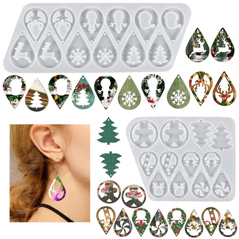 

Christmas Earring DIY Mold Resin Silicone with Earring Hooks Ring Jewelry Casting Mold for Christmas Tree Elk Snowflake Making