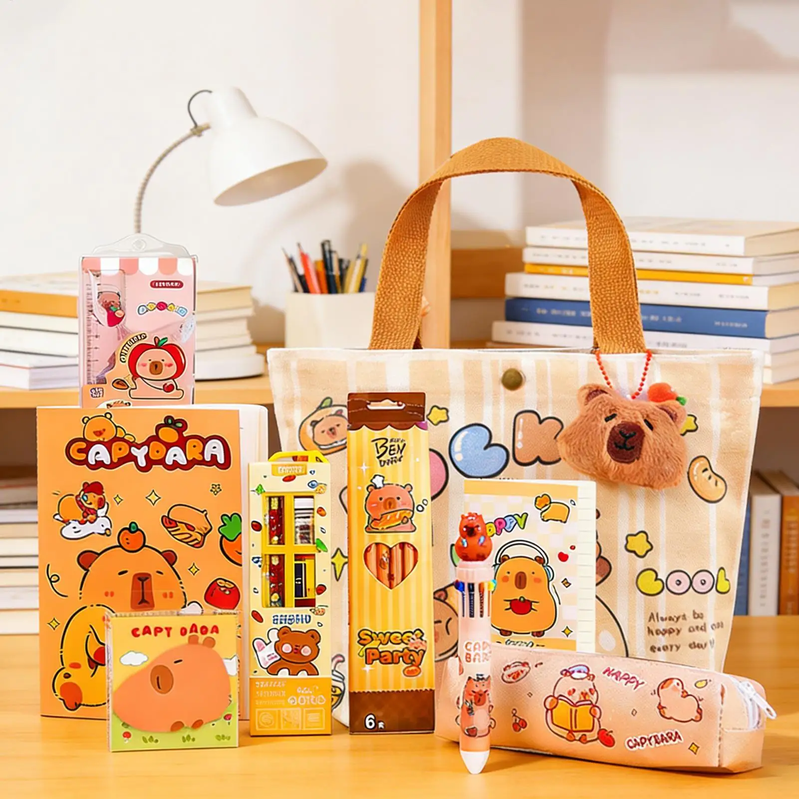 

Набор канцелярских принадлежностей с мультяшной капибарой: милый пенал с ручками, клипсами, линейками, стикерами, шариковой ручкой и органайзером для карандашей для школьников