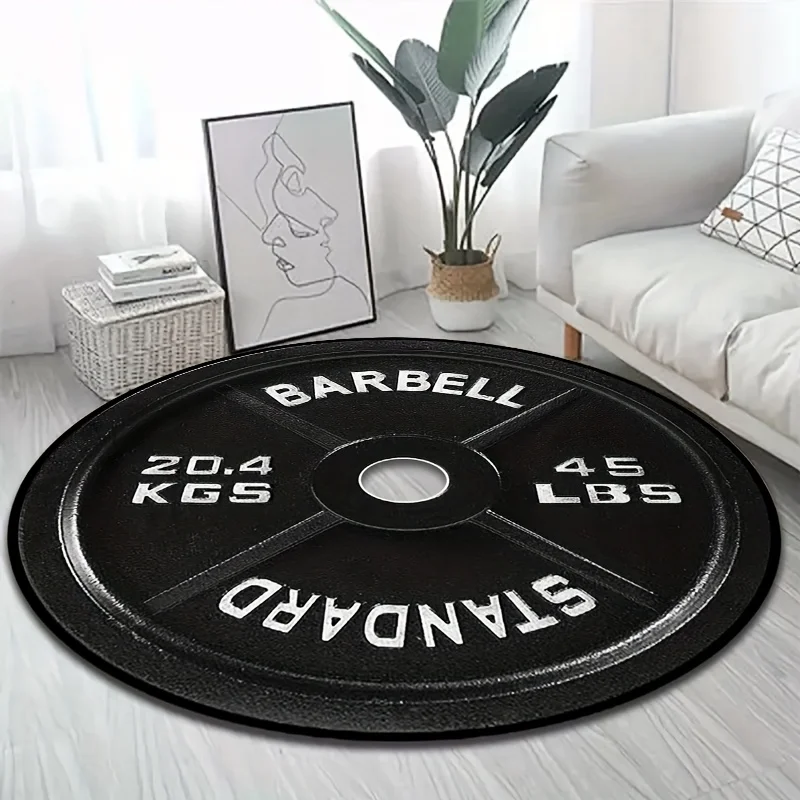 Black Dumbbell Plate Design Round Area Rug - 2D Printed Non-Slip Floor Mat for Home Gym Living Room & Bedroom, 1PC