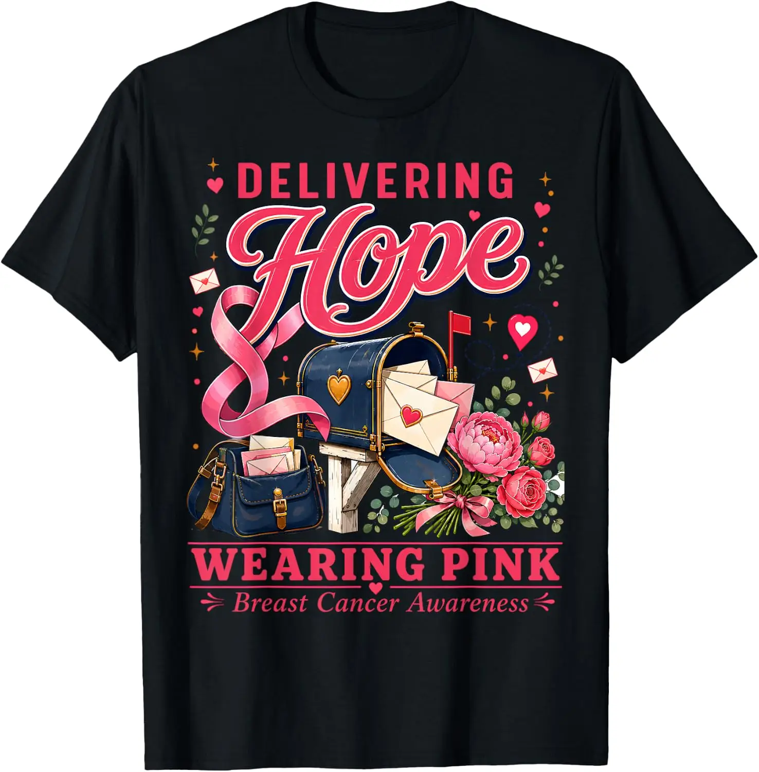 Postal Clerk Breast Cancer Awareness October We Wear Pink T-Shirt Versatile, heavyweight pure cotton short-sleeve tee—trendy, thick fabric; a great gift for Christmas or Halloween.