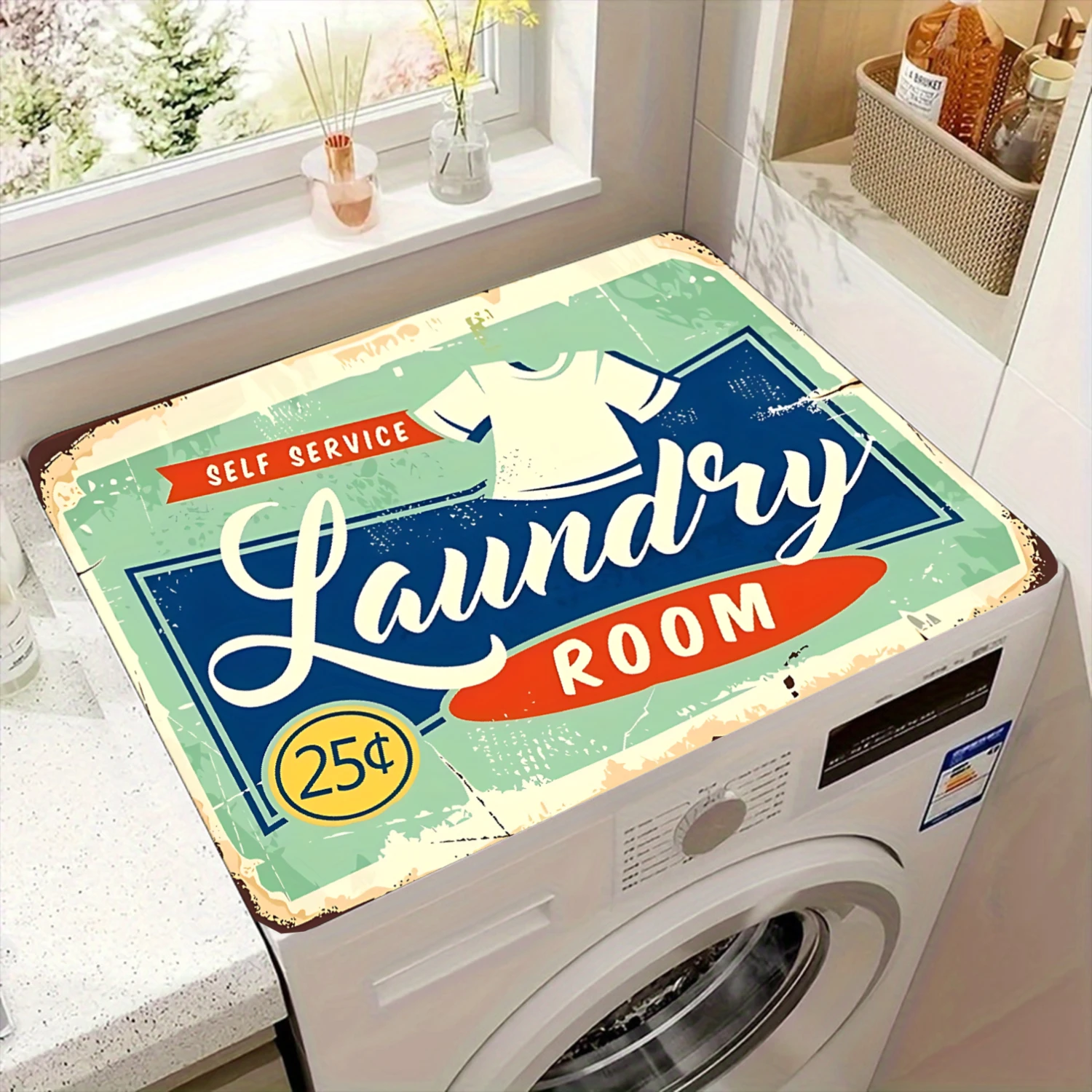

Laundry Room Machine Cover Blue Green Vintage Style With Self Service Laundry Room Text And T Shirt Graphic For Washing Machine