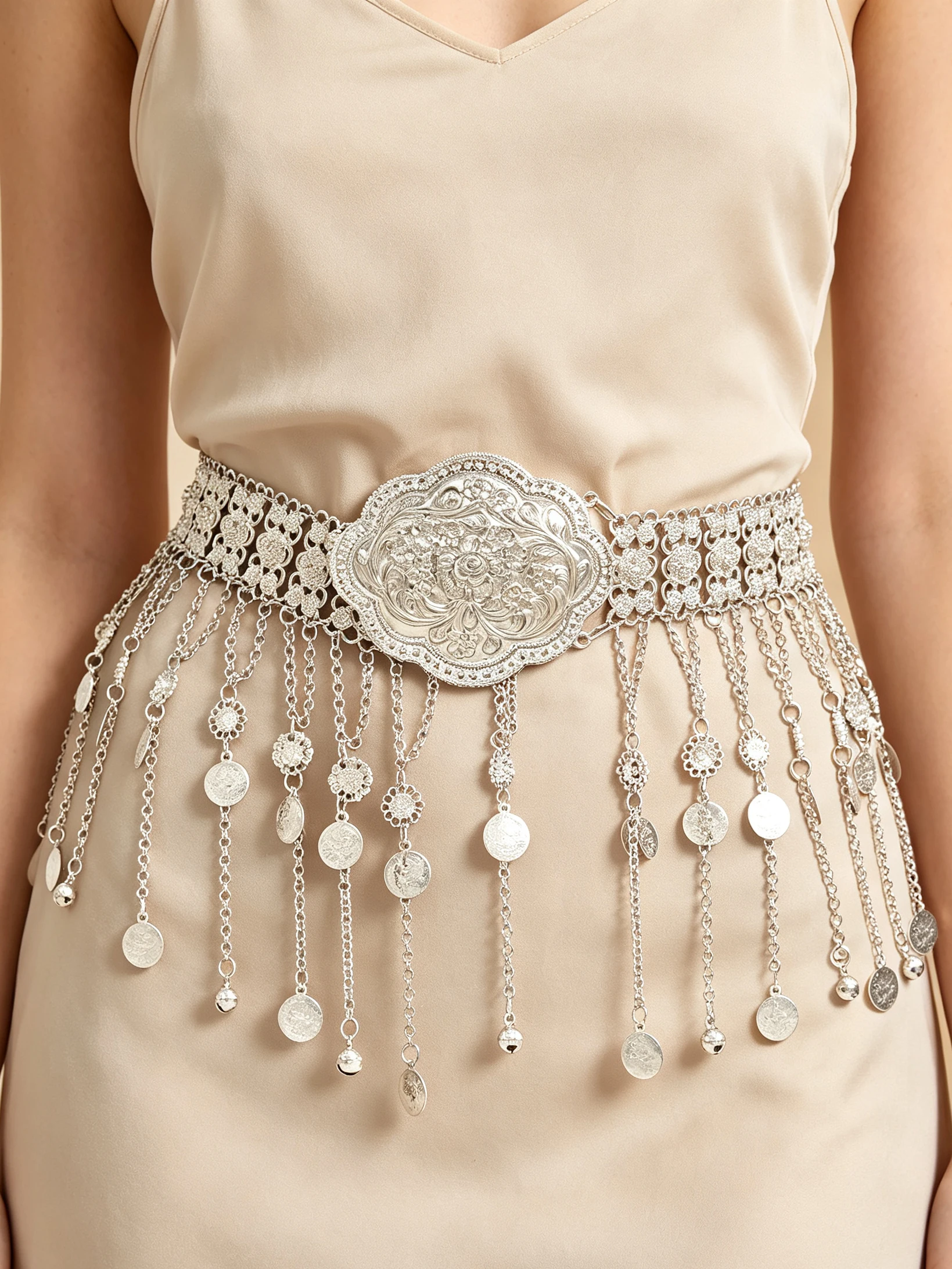 Women Ethnic Coin Tassel Waist Belt Hollow Floral Embossed Buckle Boho Oriental Belly Dance Decorative Waist Chain