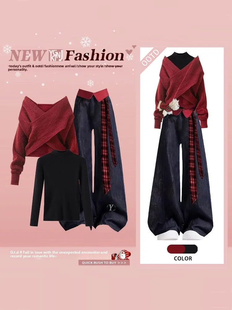 

Ретро-комплект в гонконгском стиле: красная сумка через плечо, джинсы и футболка для женщин, модный образ для повседневной носки