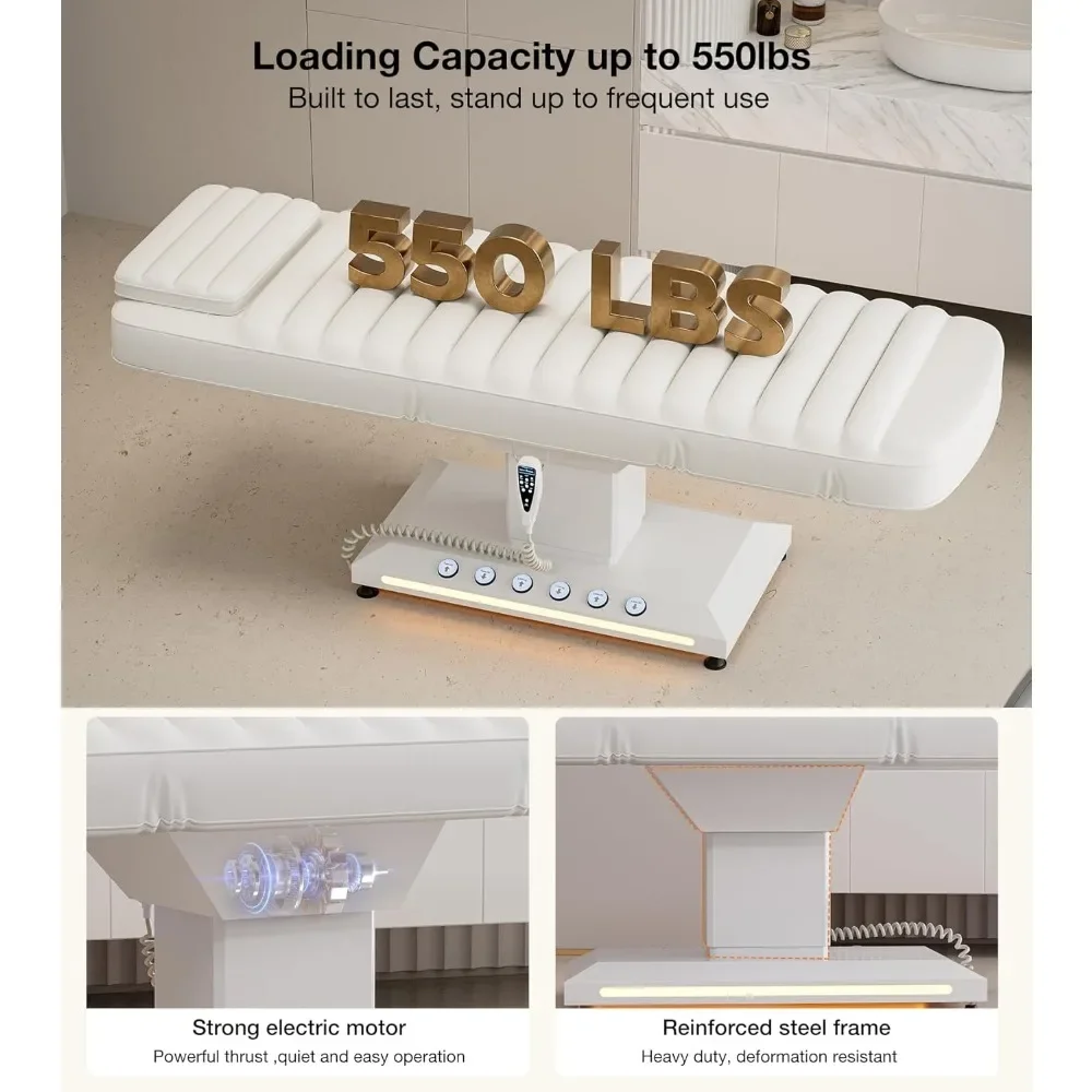完全に電気的なプロのスパチェア、LEDライト付きの調整可能なマッサージテーブル、高さと角度、白、3モーター