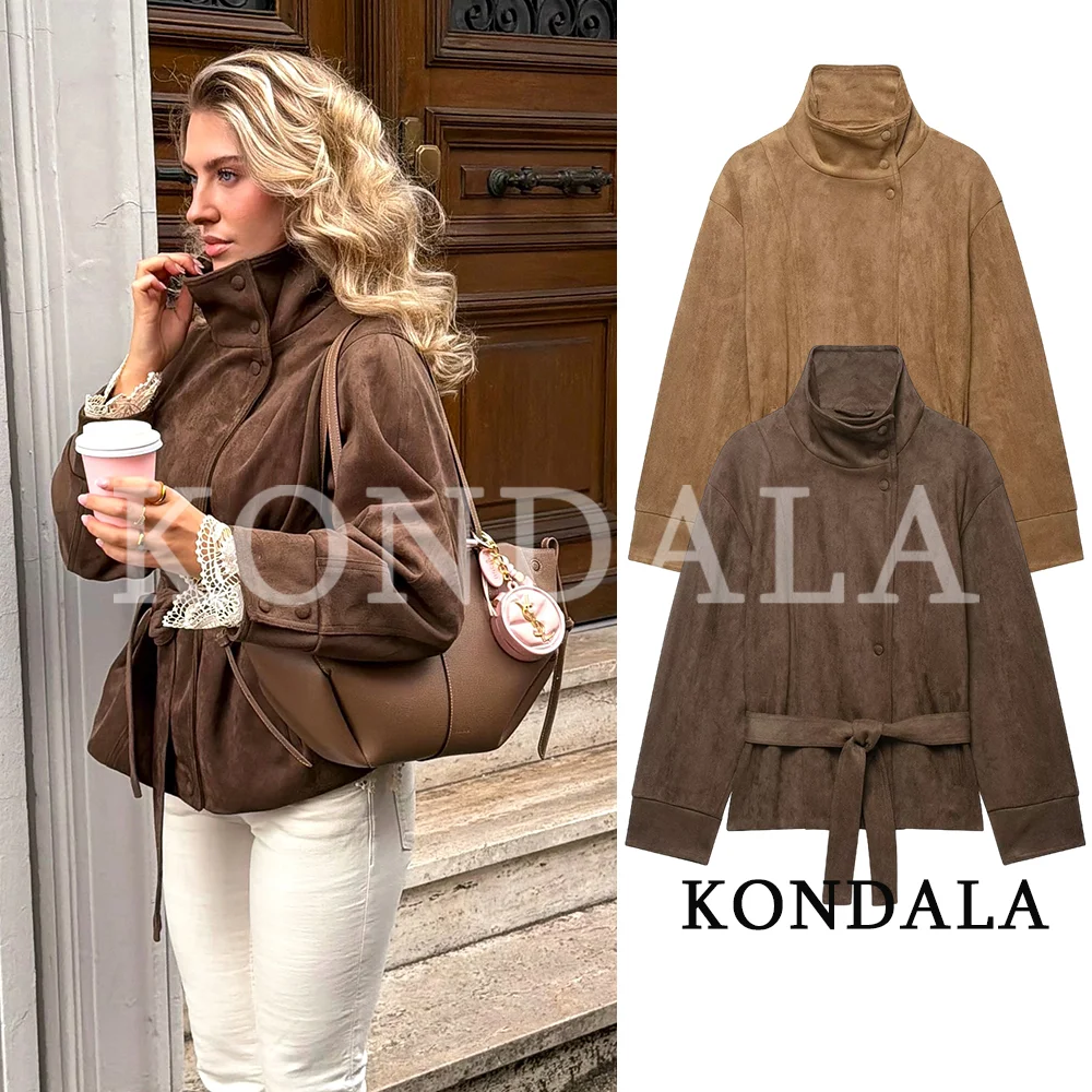 KONDALA Women Vintage Belt Coat Elegant Commute Faux Suede Jacket Coat New 2026 Fall Winter Chic Street Style Stand-Collar Coat