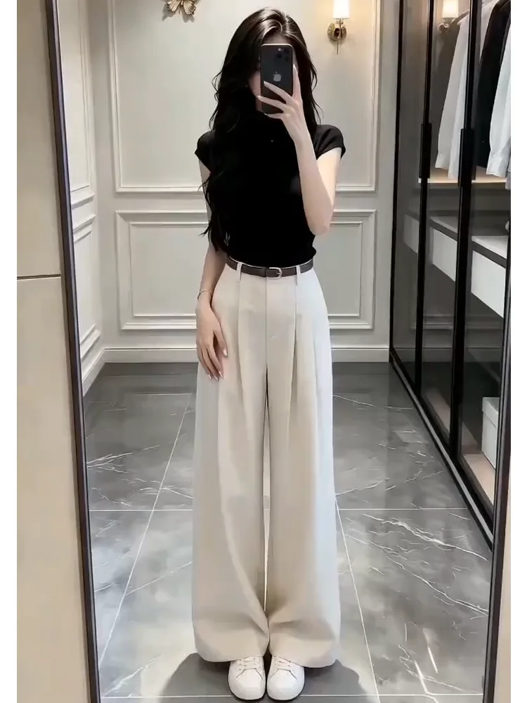 

Fashionable Slim Fit Short Sleeve T-Shirt And High Waist Wide Leg Pants Two Piece Set for Women Commute Style Summer New Arrival