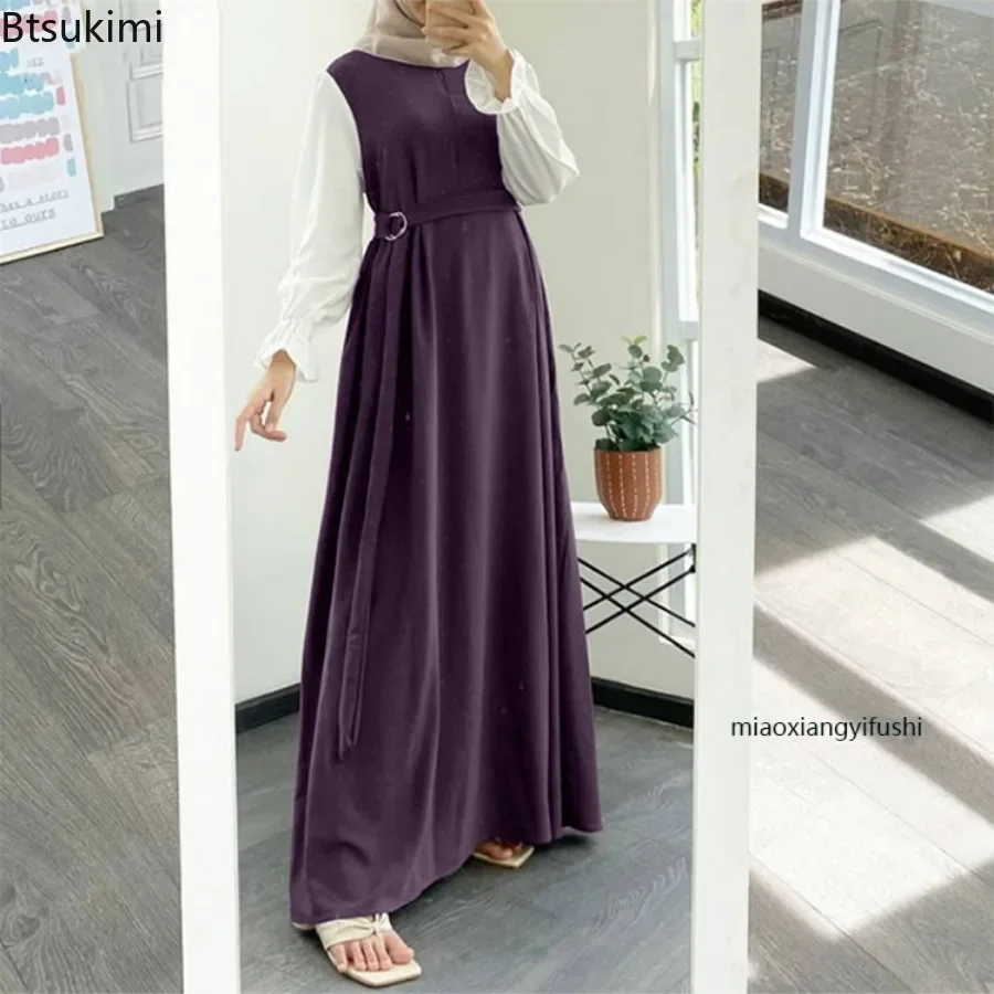 Kadınlar için 2023 Moda Müslüman Elbiseler Abayas Rahat Patchwork Uzun Kollu Maxi Elbise Kemer ile Suudi Arapça Kaftan Robe vestidos