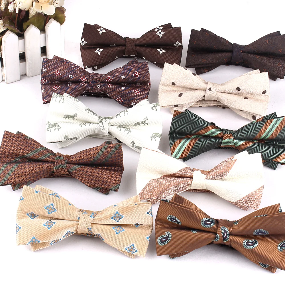 Floral Striped Pre-tied Bowtie Classic Wedding Bow Tie For Groomsmen Brown Beige pattern Bows For Men