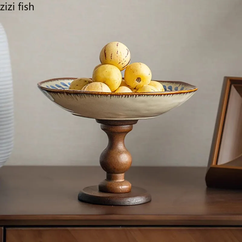 

Wooden Ceramic High Footed Fruit Tray Creative Snack Plate Dry Fruit Plate Cake Pastry Display Tray Molecular Cuisine Tableware