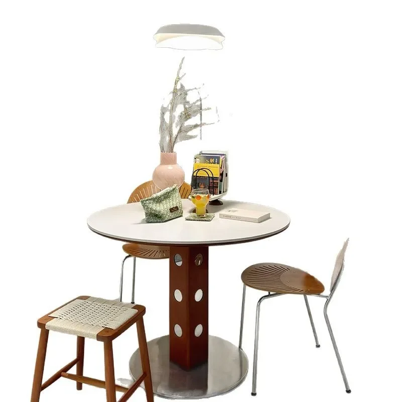 

Medieval round table, retro metal, round leg dining table, Nordic solid wood rock slab dining table