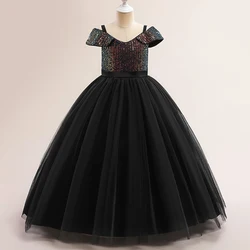 Summer Teenager Girls Black Evening Dress Kids Dresses For Girls Children Costume Sequin Princess Dress Party Wedding Dress