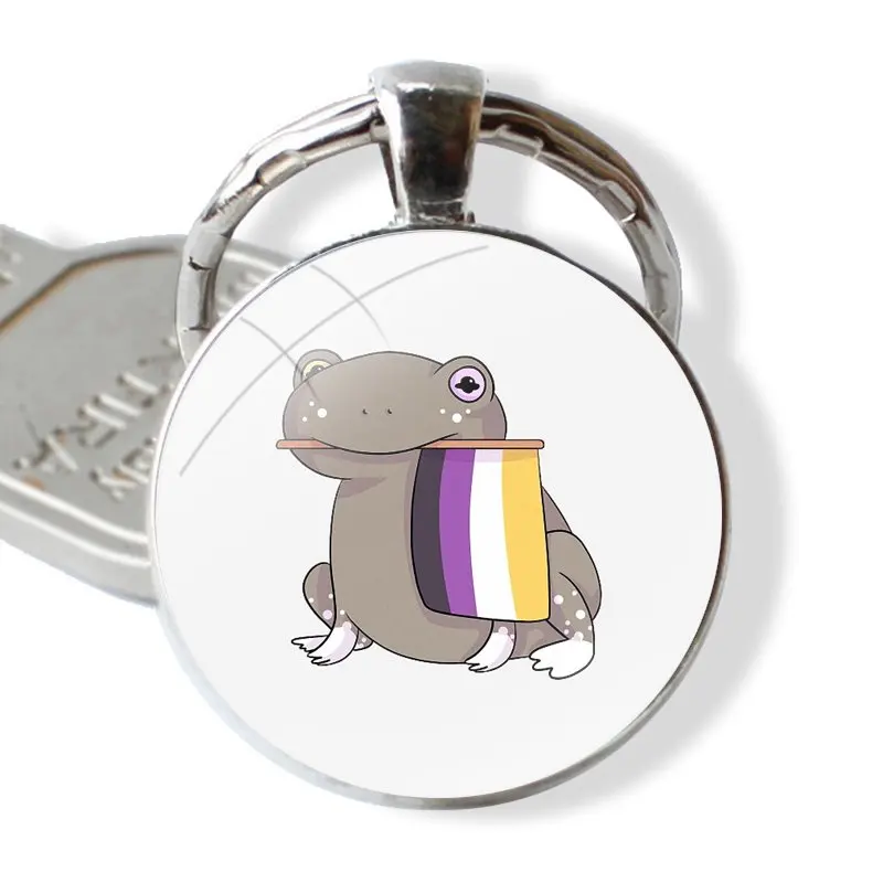 Keychain Handmade Glass Cabochon Key Ring Holder Pendant Key Chains Non Binary Pride Frog