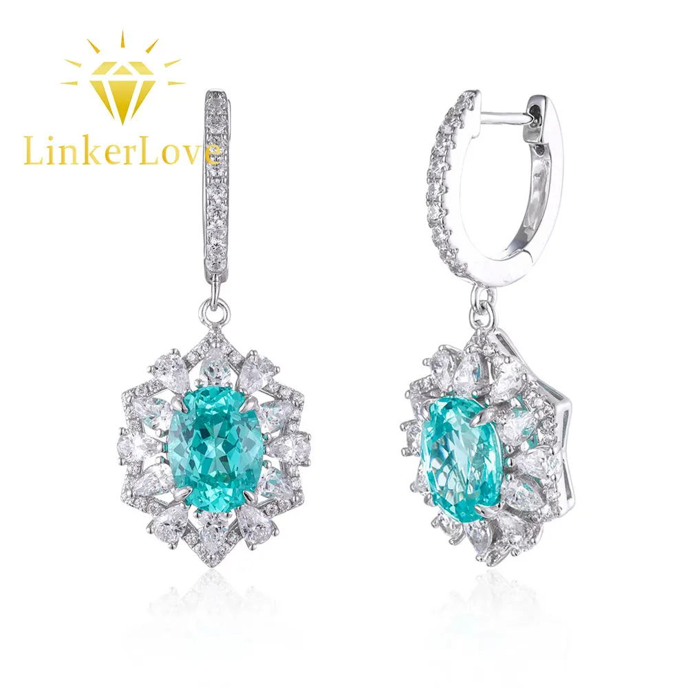 LinkerLove Oval Cut Paraiba Earrings Necklace Cocktail Ring 925 Silver October Birthstone Gemstone Jewelry Set for Women Gift