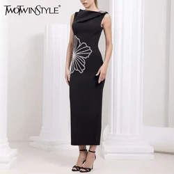 TWOTWINSTYLE Solid Spliced Diamonds Slimming Dresses For Women Irregular Neck Sleeveless High Waist Elegant Dress Female Fashion