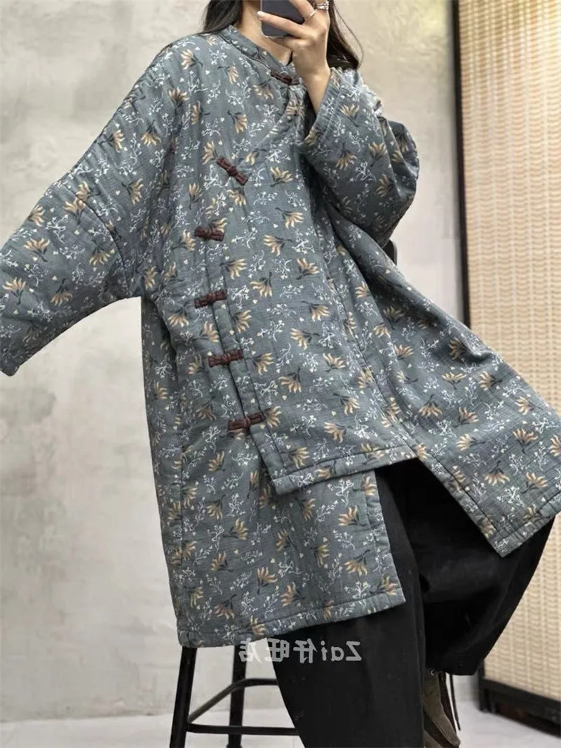 

Chinese Style Buckle Slanted Placket Buckle Coat Women 2025 New Autumn Winter Long Sleeve Warm Floral Print Jackets Outwear