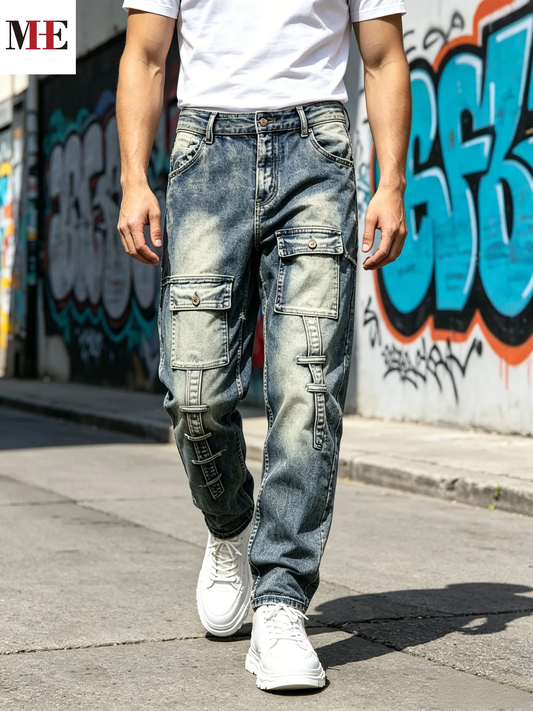 【HME】Men's Jeans | Vintage Washed Heavyweight Denim Pants with Gradient Fading Craft, Premium Thick Durable Denim Cloth, Classic Retro Color Rendering, Firm Stitching and Raw Edge Splicing Details, High-Quality Casual Utility Men Denim Pants