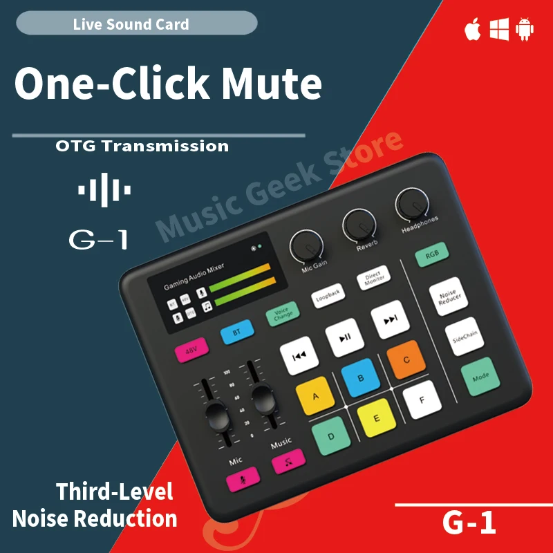 G1 Live Sound Card DJ Mixer 48V Phantom Power RGB Noise Reduction 1-Click Mute Custom Effects OTG BT Wireless for Gaming Singing