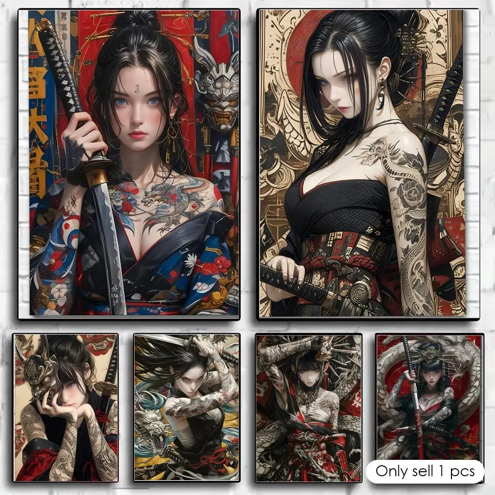 Póster de samurái japonés sexy, decoración artística para pared de habitación, pegatinas impermeables para decoración del hogar, bar, dormitorio