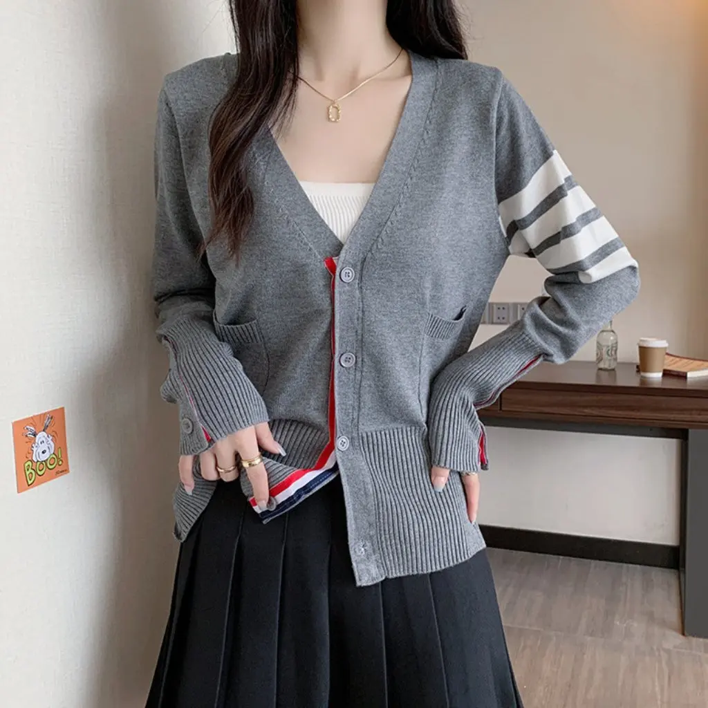 

Couple Knit Cardigan Four-Stripe Loose Versatile College Style Spring Autumn Sweater Jacket Top for Women