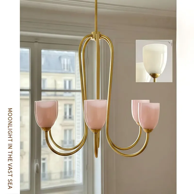 Romantic Pink Glass Chandelier French Style Living Room Light Warm Medieval Bedroom Lamp Simple Pastoral Dining Ceiling