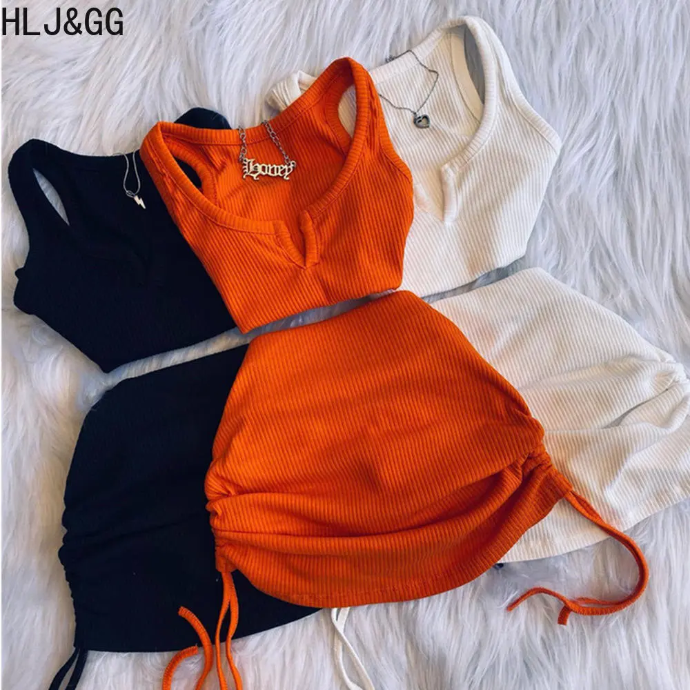 

HLJ&GG Summer Sexy Mini Skirts Two Piece Sets Women V Neck Sleeve Less Crop Vest And Drawstring Skirts Outfits 2023 New Clothing