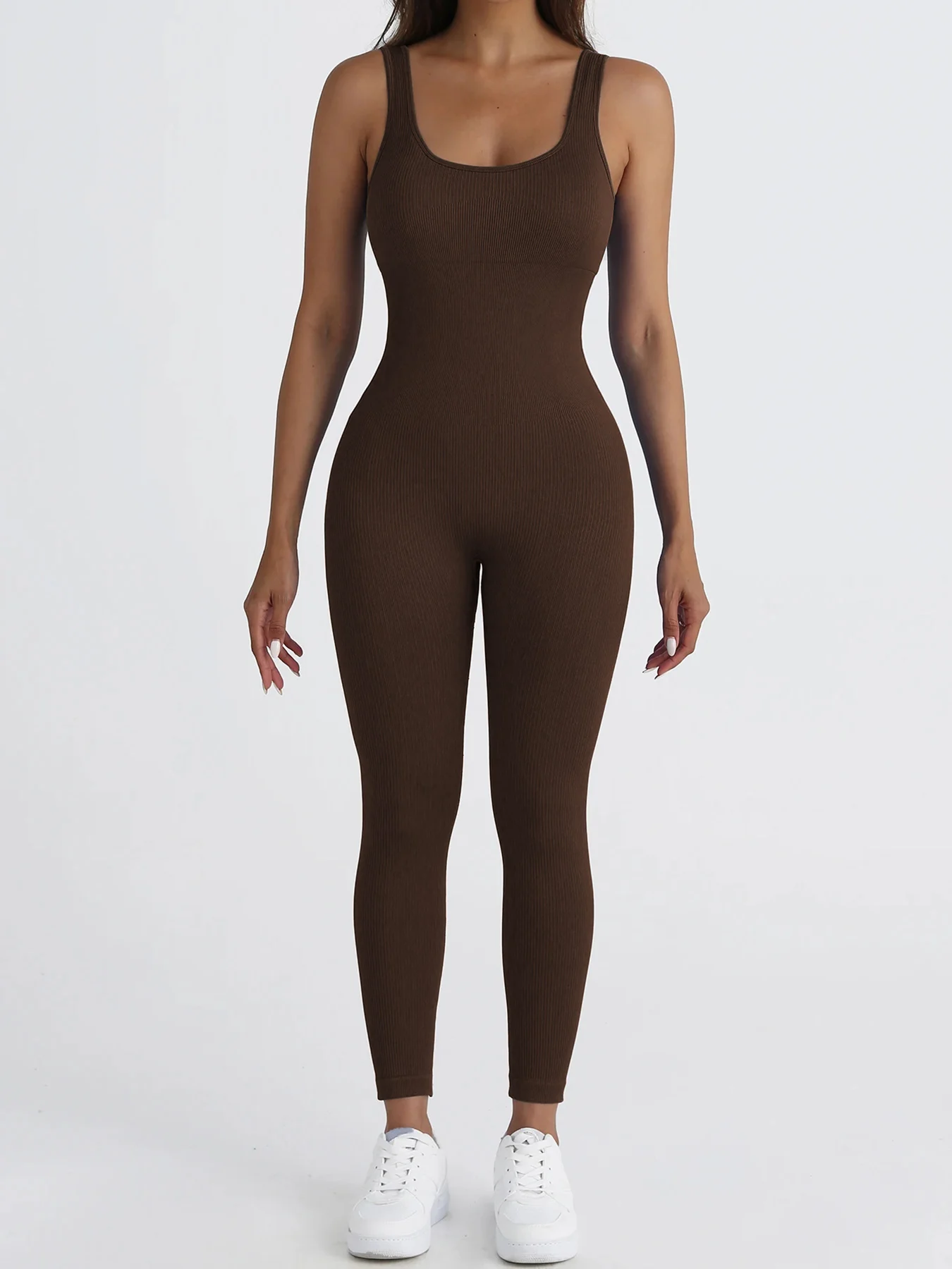 CZGUKE Women\'s seamless one-piece sportswear yoga ribbed slim-fitting one-piece square-neck base pants long pants fitness wear