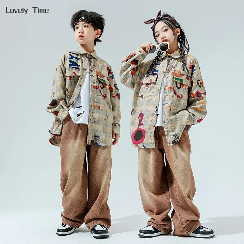 Hip Hop Boys Graffiti Shirt Cargo Denim Pants Girls Jeans K-pop Jeans Costumes Children Streetwear Kids Jazz Dance Clothes Sets