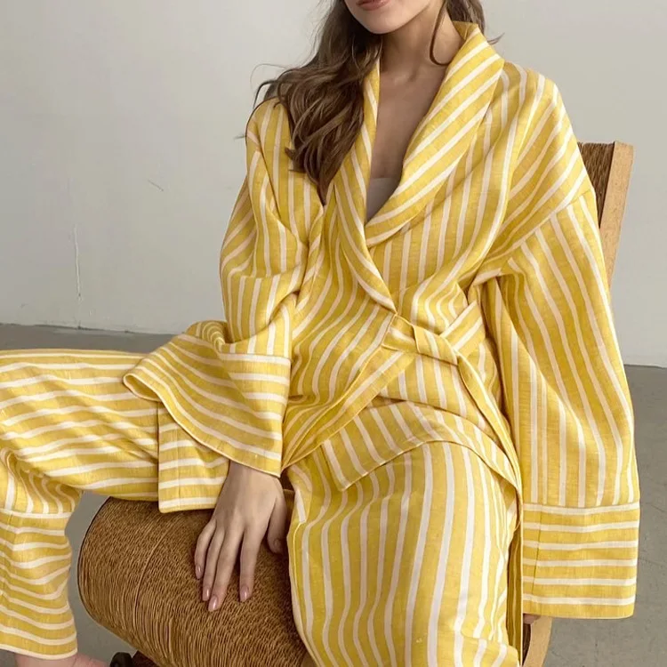 Casual Yellow Stripe Suits Elegant High Waist Wide Pants Set Fashion Lapel Long Sleeve Shirts Two Piece Set For Women Outfit