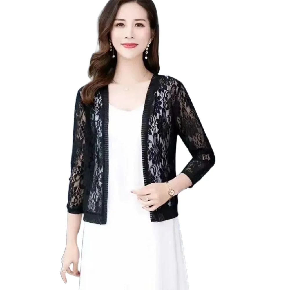 Extra Large Tie Up Summer Women's Cardigan Breathable Beach Air-Conditioning Shirt Floral Lace Mesh Shawl for Women