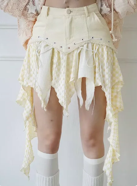 High Waist Sexy Skirts Girls, Japanese Harajuku, Gothic, Irregular Light Yellow Color, Splicing, Kawaii, Hot Fashion, New