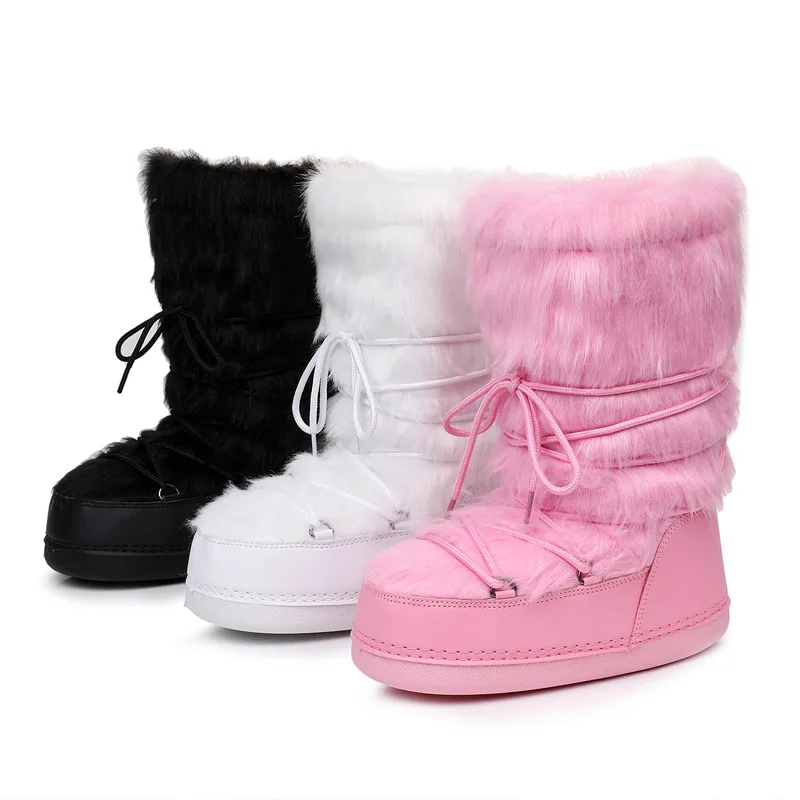 High Quality Women's Faux Fur Platform Snow Boots Winter Warm Lace Up Fluffy Ankle Boots for Women Outdoor Casual Non-slip Shoes view 2