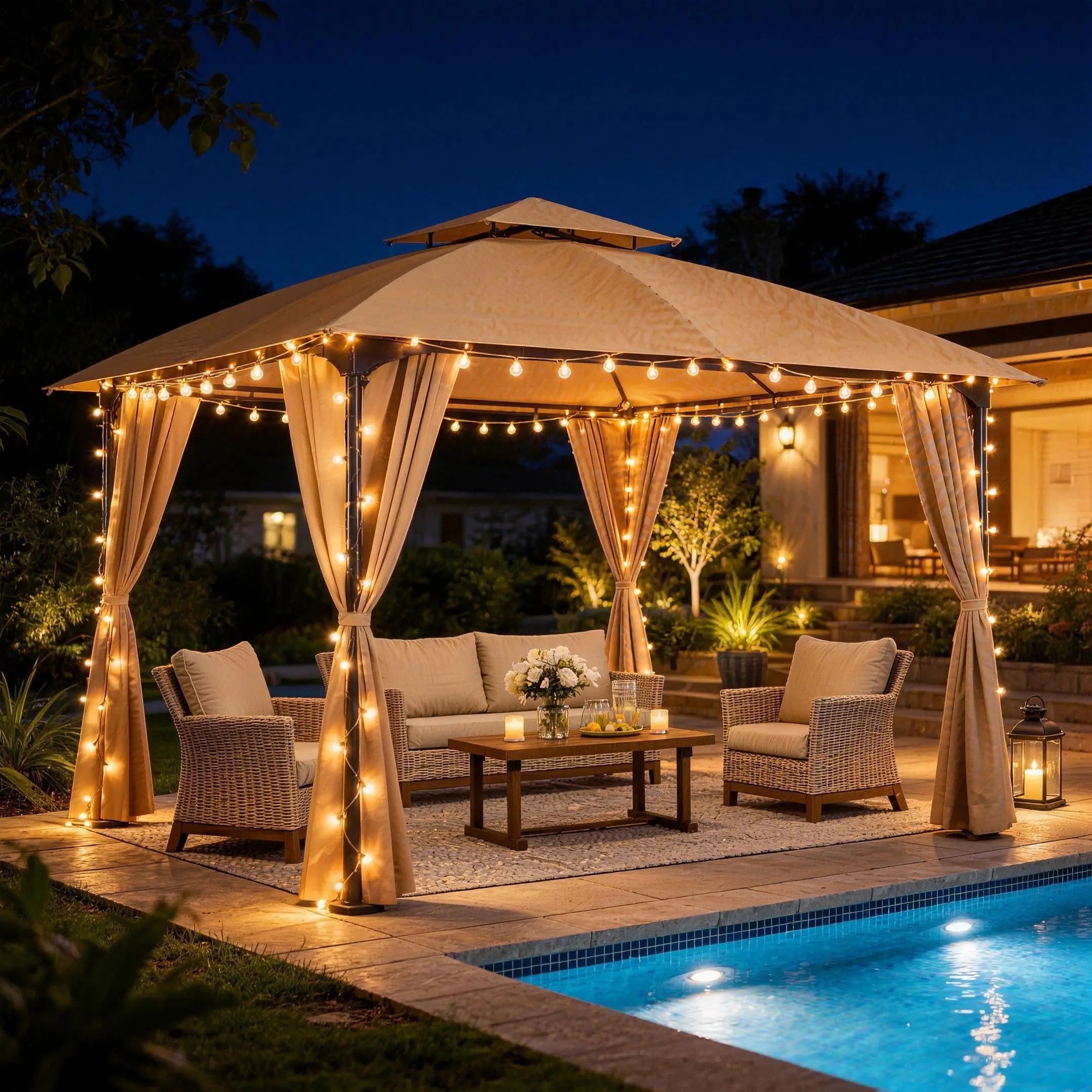 10x10 Patio Gazebo Tent with String Lights, Outdoor Party Shelter with Curtains, Expansion Bolts & Wind-Resistant