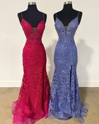 Mermaid Prom Dress Spaghetti Strap Lace Appliques Women's Evening Dresses Blue Split Long abendkleid blau Formal Gown