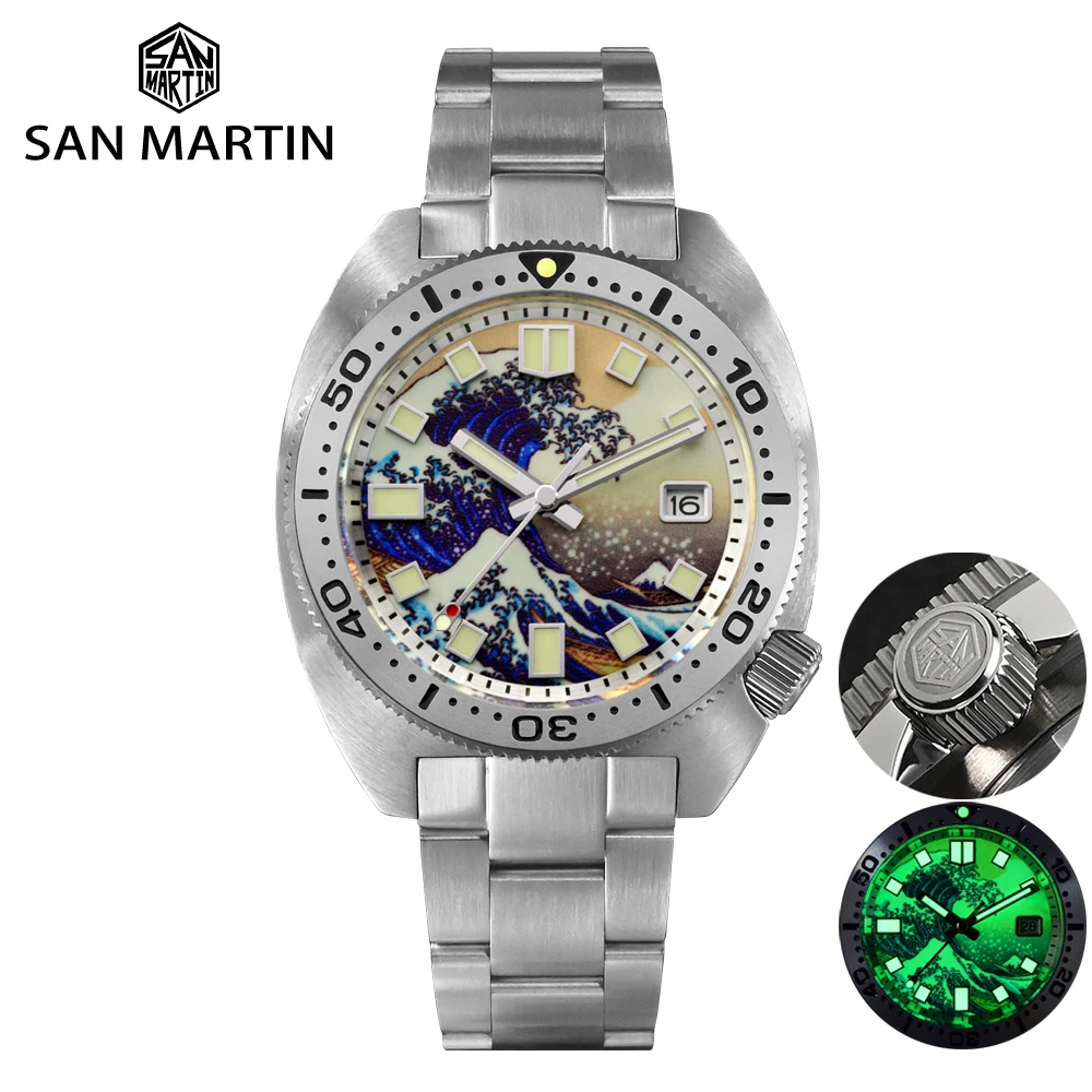 San Martin Men Diver Watch 6105 Turtle NH35 MOP Wave Kanagawa Surfing Dial Bracelet Automatic Mechanical Luxury Watches 20Bar