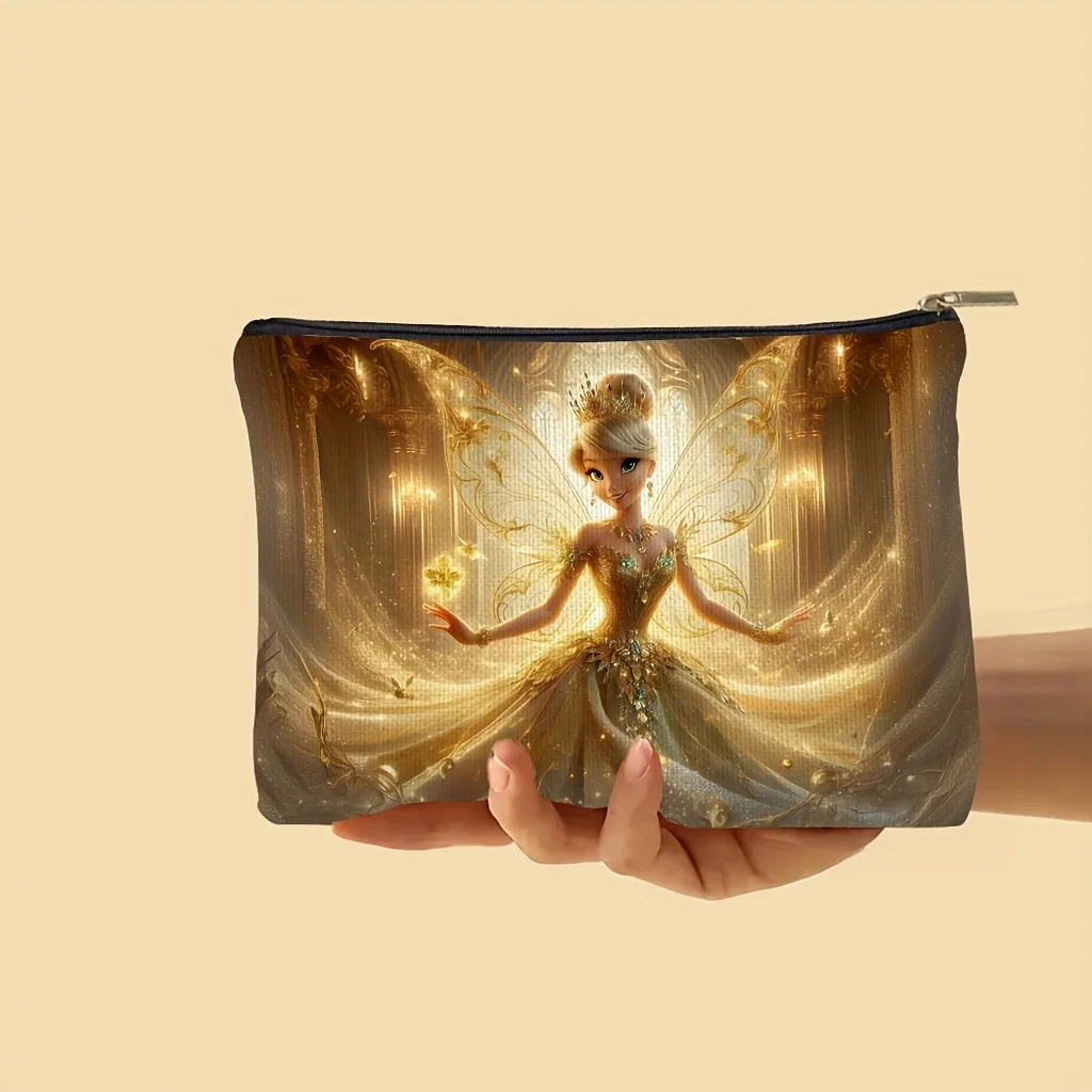 1 ディズニー ピクシー プリンセス 金メッキ化粧バッグ、きらめく羽と宮殿風プリント、ジュエリー収納バッグ、完璧なトラベルジッパー収納バッグ - 楽しい誕生日プレゼント
