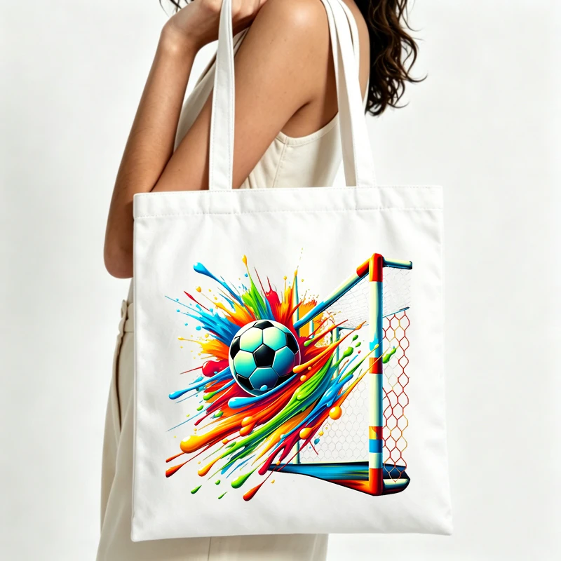 

soccer ball and goal graphic canvas tote bag with artistic splatter print, ideal for daily shopping and casual outings