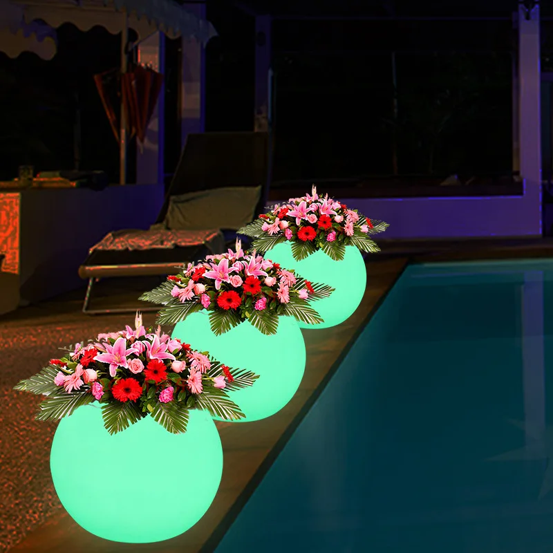 

LED luminous creative large mouth flower pot floor spherical flower pot garden planting charging large colorful