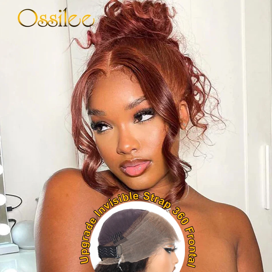 Ossilee Reddish Brown 3D Body Wave Invisi Strap 360 Lace Frontal Wig Pre Bleached 360 Lace Front Wig Human Hair